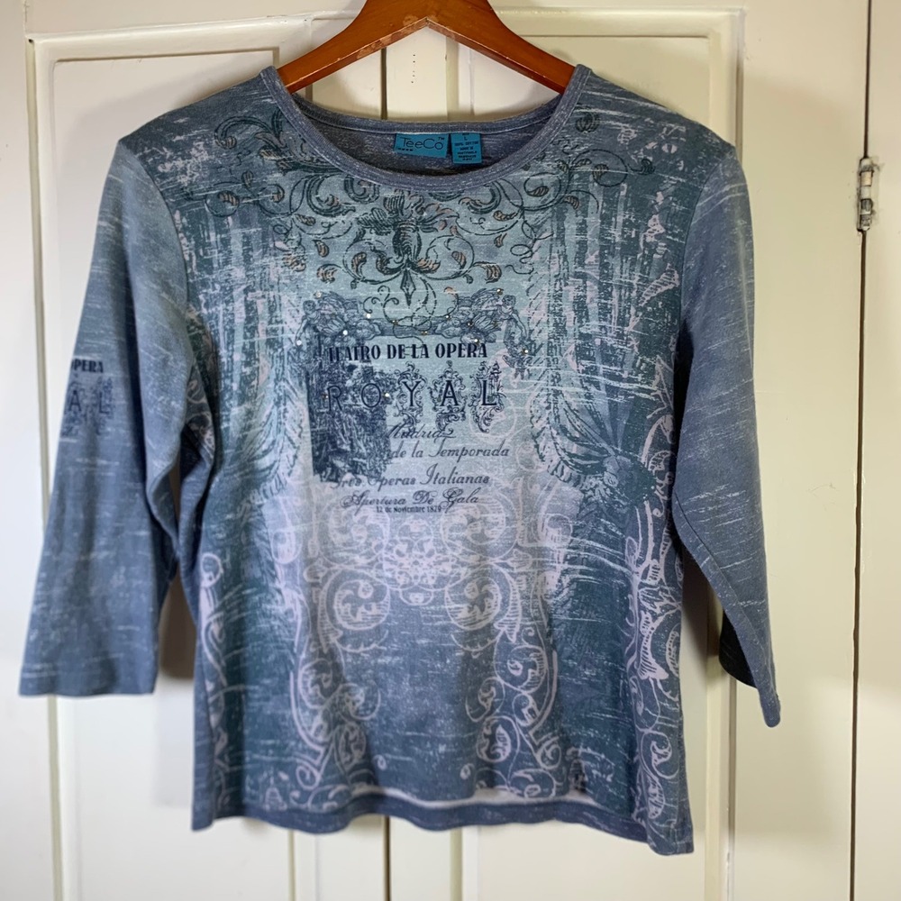 TeeCo Women Blue Teatro De La Opera Royal Madrid Rhinestone 3/4 Sleeve Top L